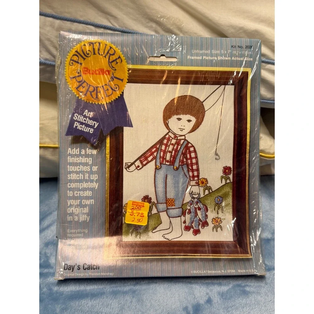 Vtg 2 Bucilla Picture Perfect Art Stichery Picture: Day's Catch & Flower Girl
